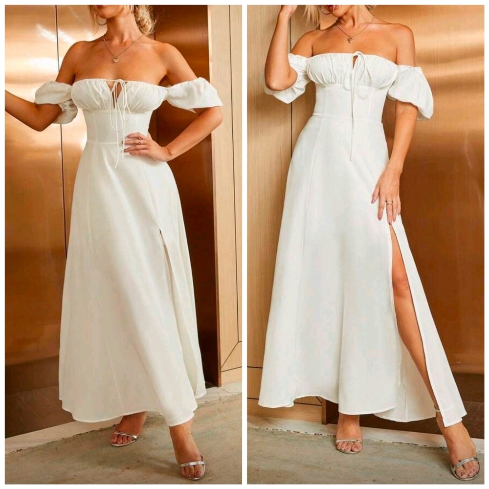 New Vintage Look Tie Ruched Top Split Maxi Dress White